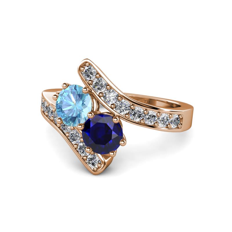 Eleni Blue Topaz and Blue Sapphire with Side Diamonds Bypass Ring 