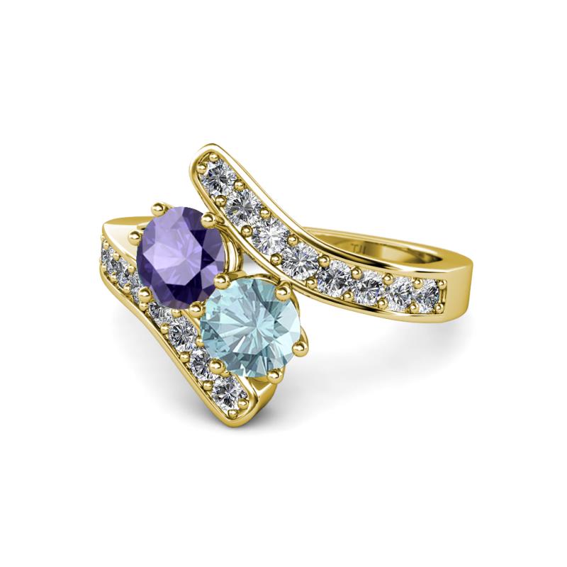 Eleni Iolite and Aquamarine with Side Diamonds Bypass Ring 