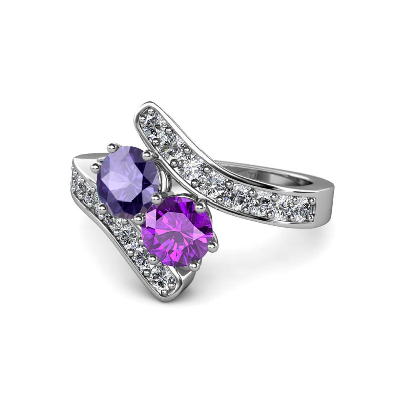 Eleni Iolite and Amethyst with Side Diamonds Bypass Ring 