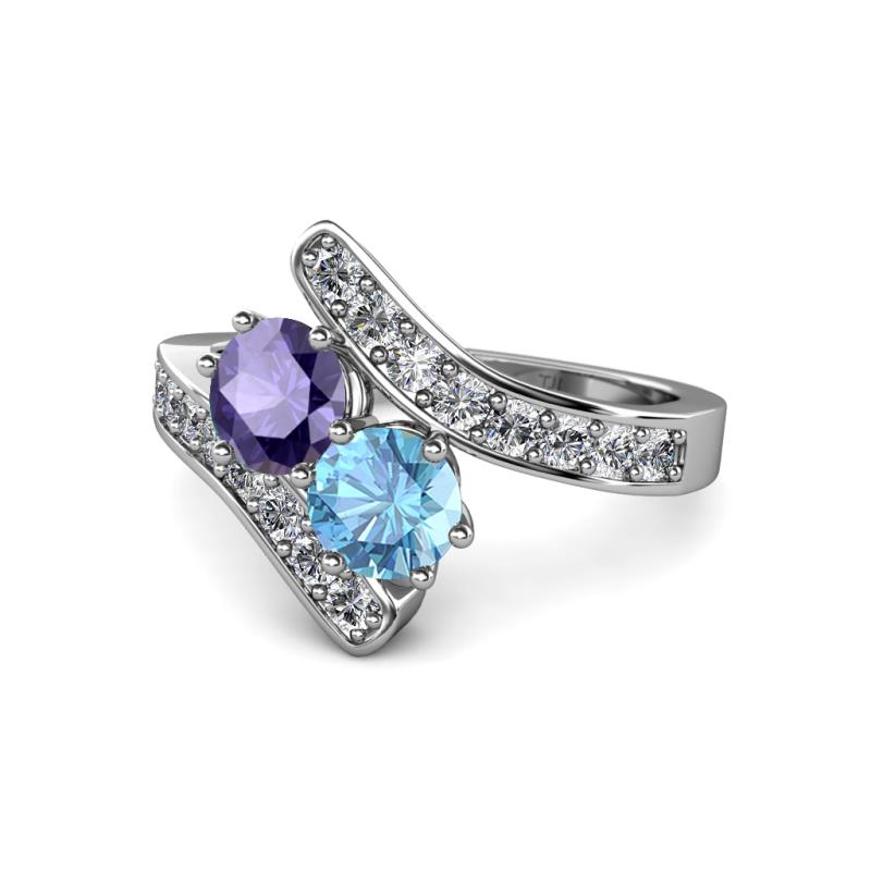 Eleni Iolite and Blue Topaz with Side Diamonds Bypass Ring 