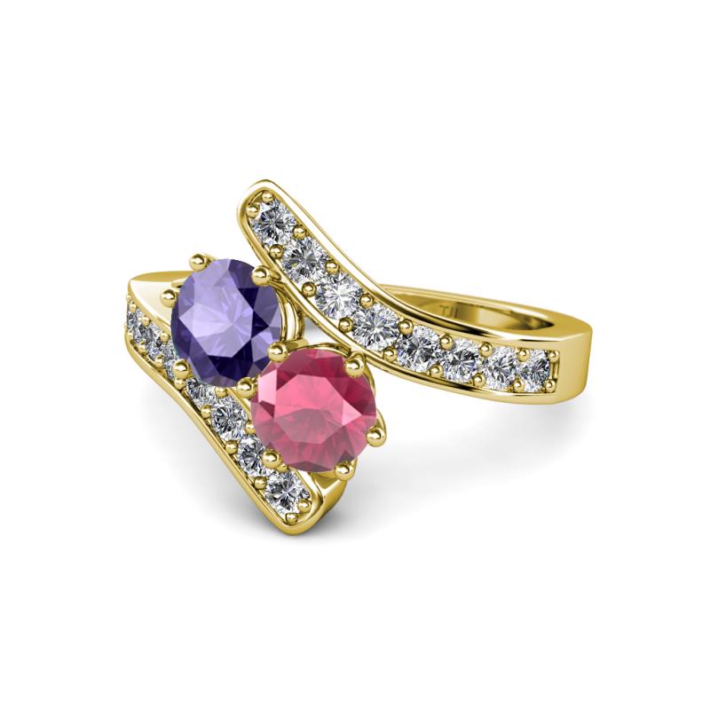 Eleni Iolite and Rhodolite Garnet with Side Diamonds Bypass Ring 