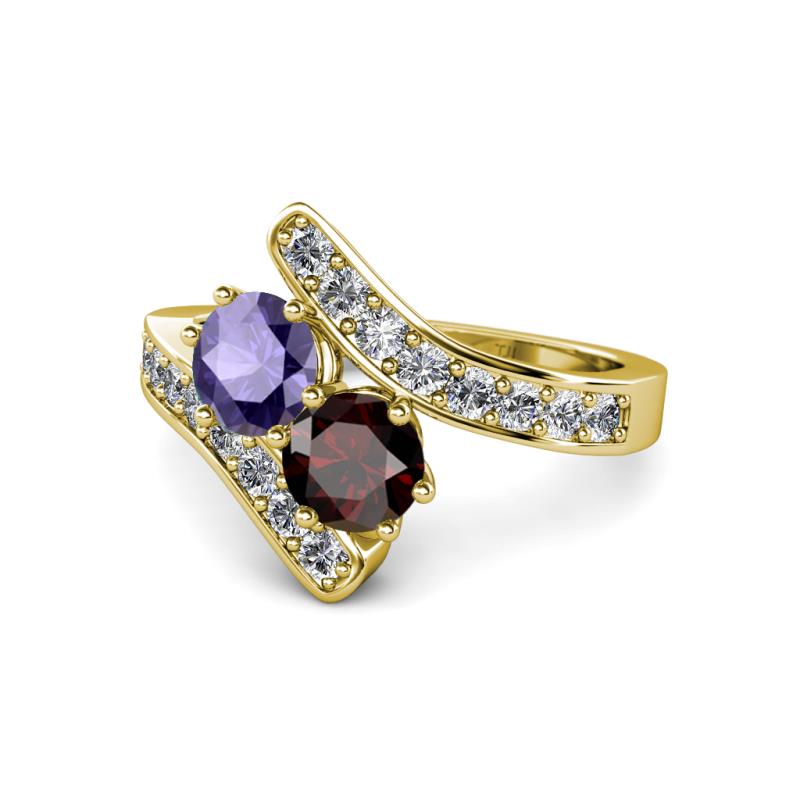 Eleni Iolite and Red Garnet with Side Diamonds Bypass Ring 