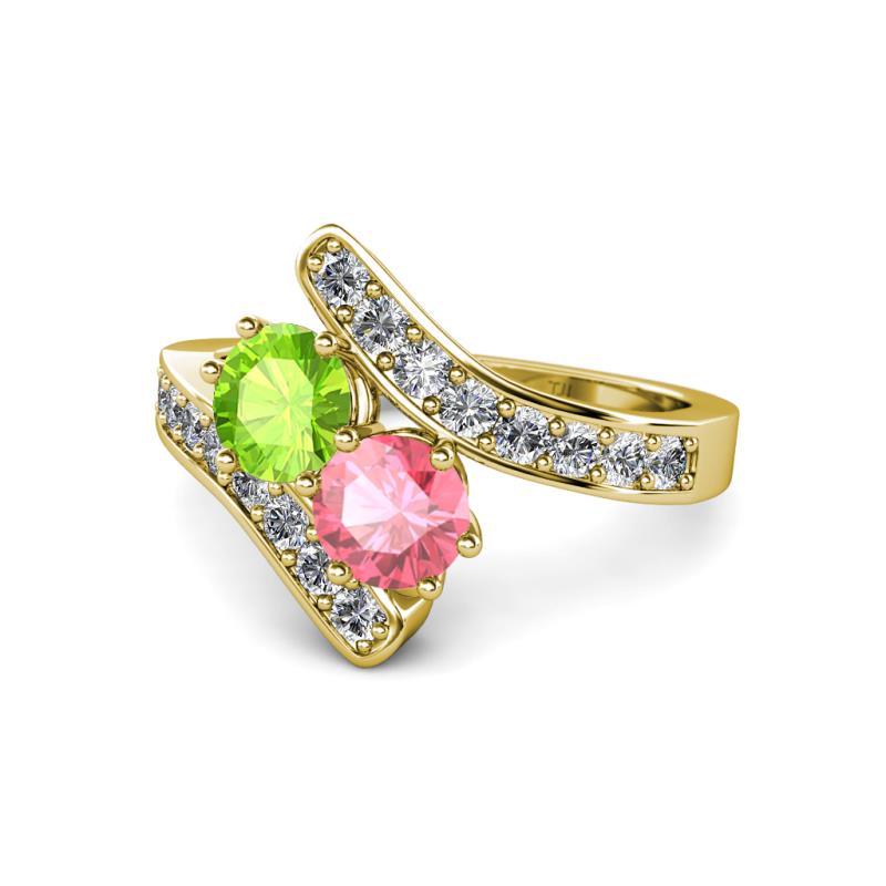 Eleni Peridot and Pink Tourmaline with Side Diamonds Bypass Ring 
