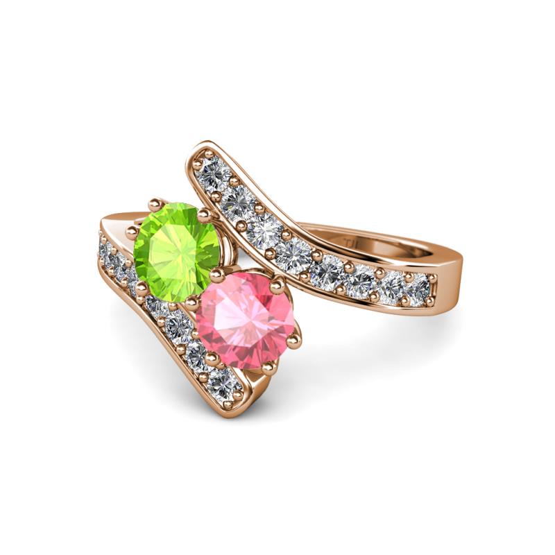 Eleni Peridot and Pink Tourmaline with Side Diamonds Bypass Ring 
