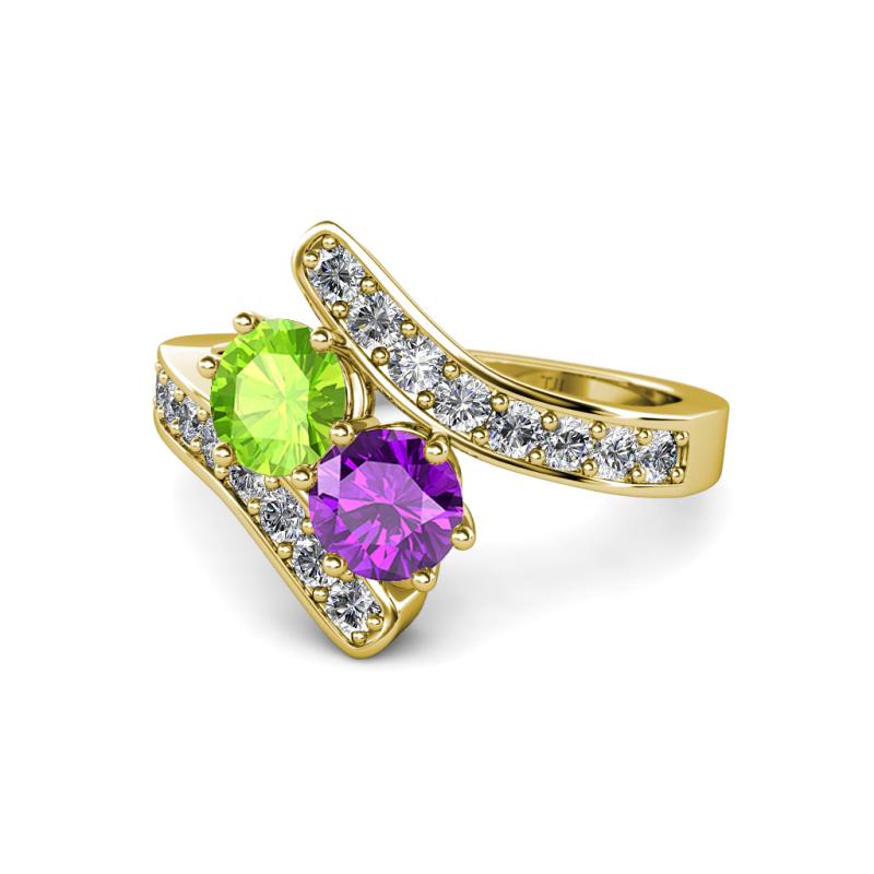 Eleni Peridot and Amethyst with Side Diamonds Bypass Ring 