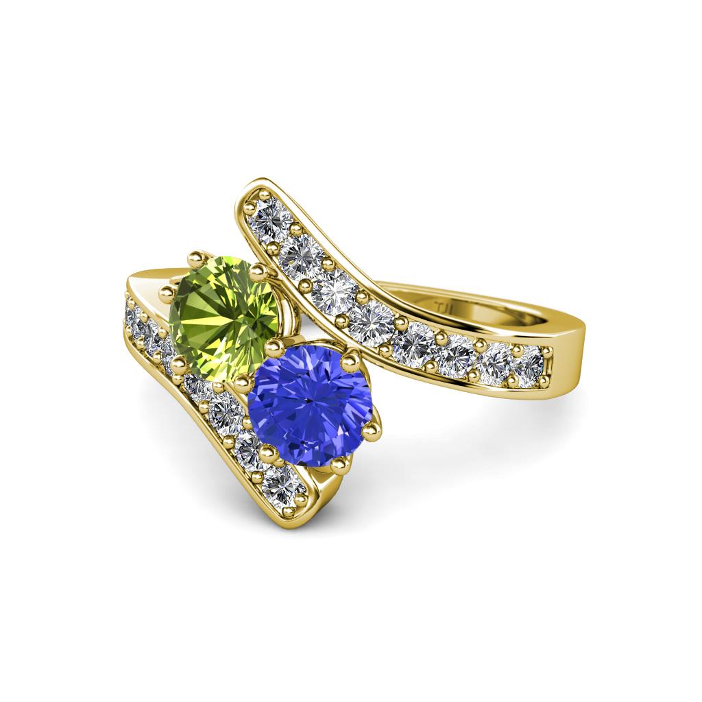 Eleni Peridot and Tanzanite with Side Diamonds Bypass Ring 