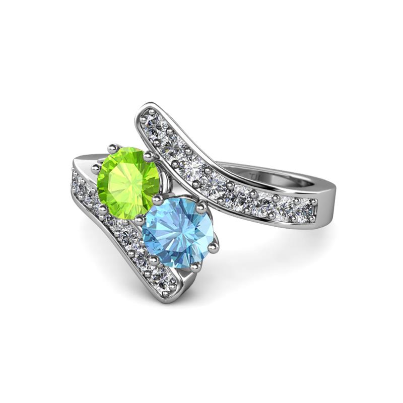 Eleni Peridot and Blue Topaz with Side Diamonds Bypass Ring 