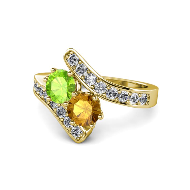 Eleni Peridot and Citrine with Side Diamonds Bypass Ring 