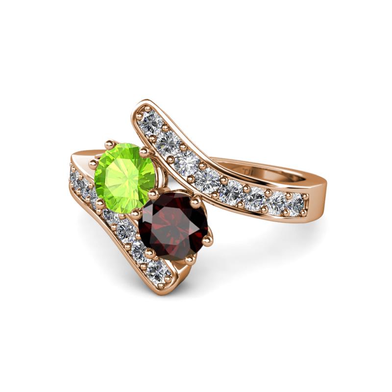 Eleni Peridot and Red Garnet with Side Diamonds Bypass Ring 