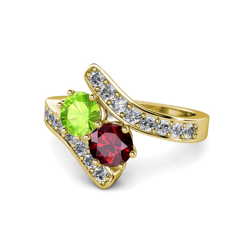 Eleni Peridot and Ruby with Side Diamonds Bypass Ring 