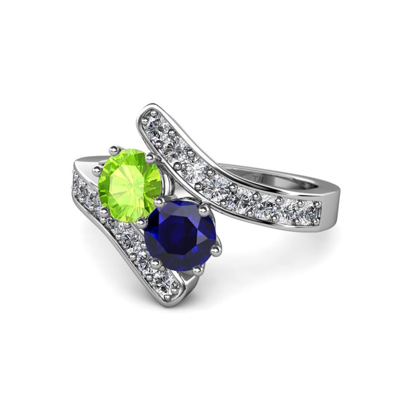 Eleni Peridot and Blue Sapphire with Side Diamonds Bypass Ring 