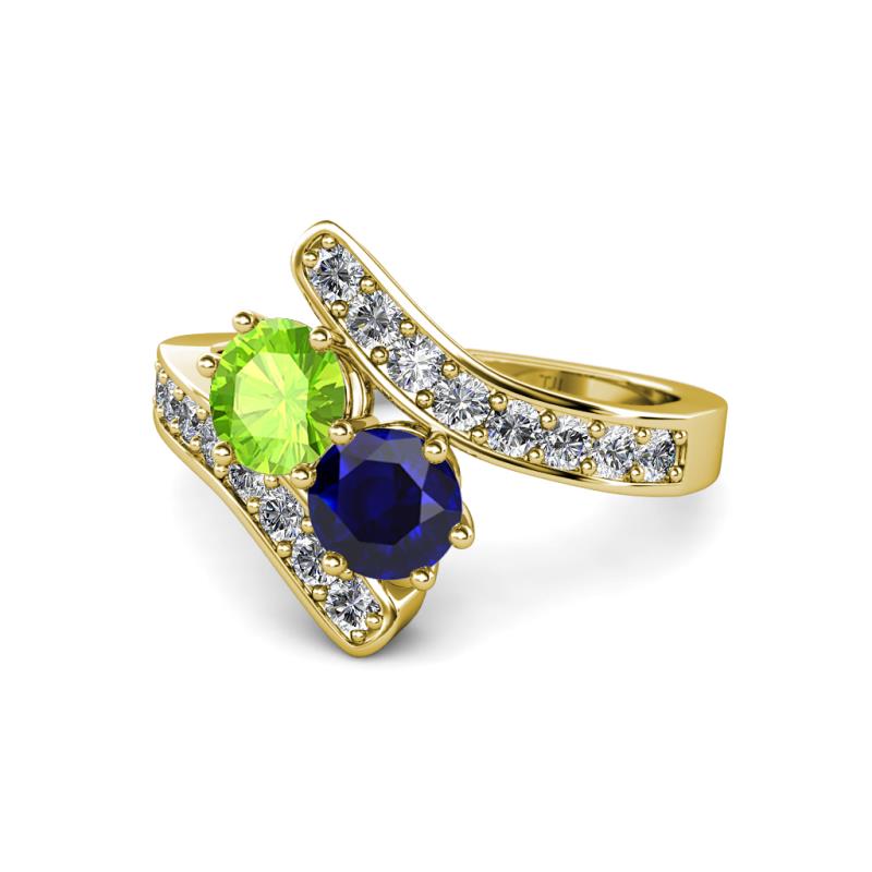 Eleni Peridot and Blue Sapphire with Side Diamonds Bypass Ring 