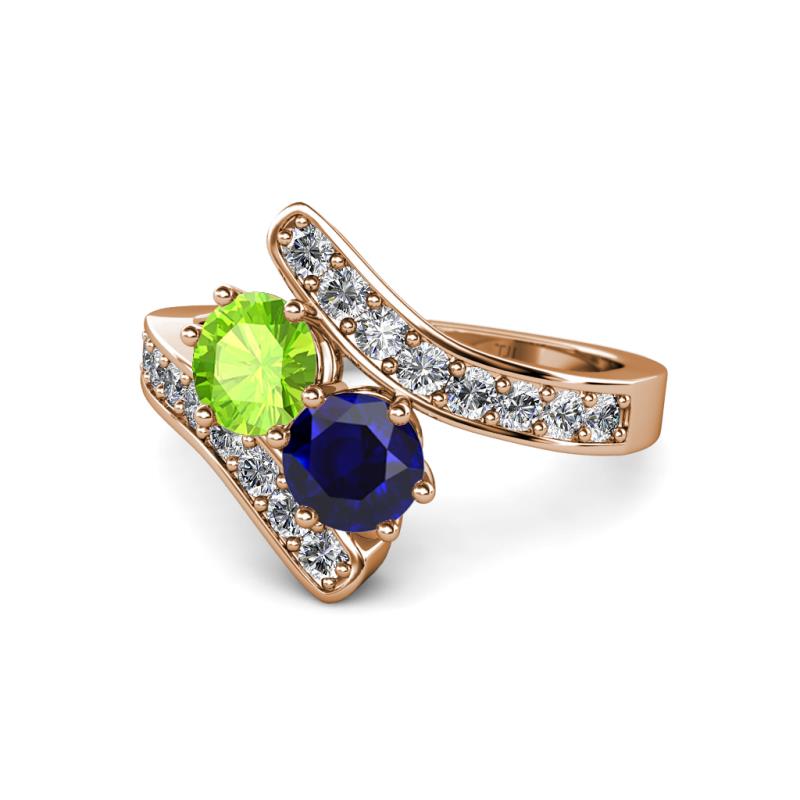 Eleni Peridot and Blue Sapphire with Side Diamonds Bypass Ring 