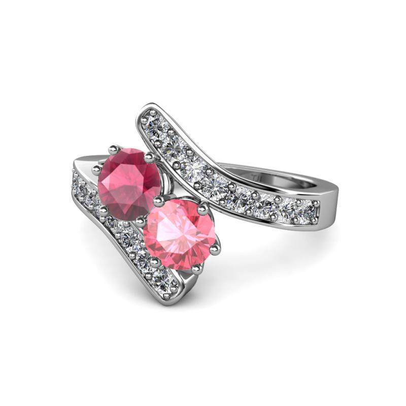Eleni Rhodolite Garnet and Pink Tourmaline with Side Diamonds Bypass Ring 