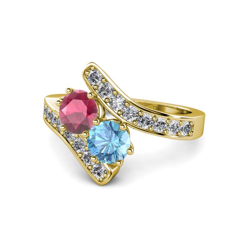 Eleni Rhodolite Garnet and Blue Topaz with Side Diamonds Bypass Ring 