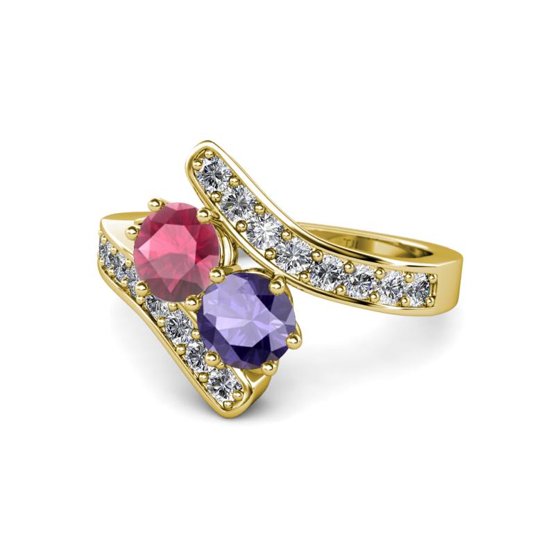 Eleni Rhodolite Garnet and Iolite with Side Diamonds Bypass Ring 