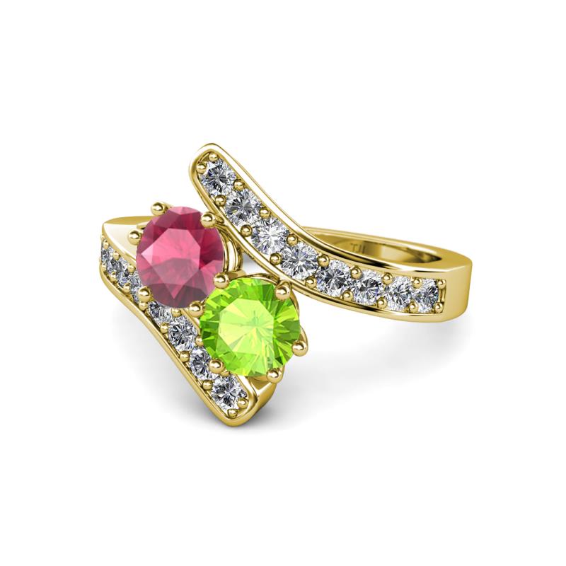 Eleni Rhodolite Garnet and Peridot with Side Diamonds Bypass Ring 