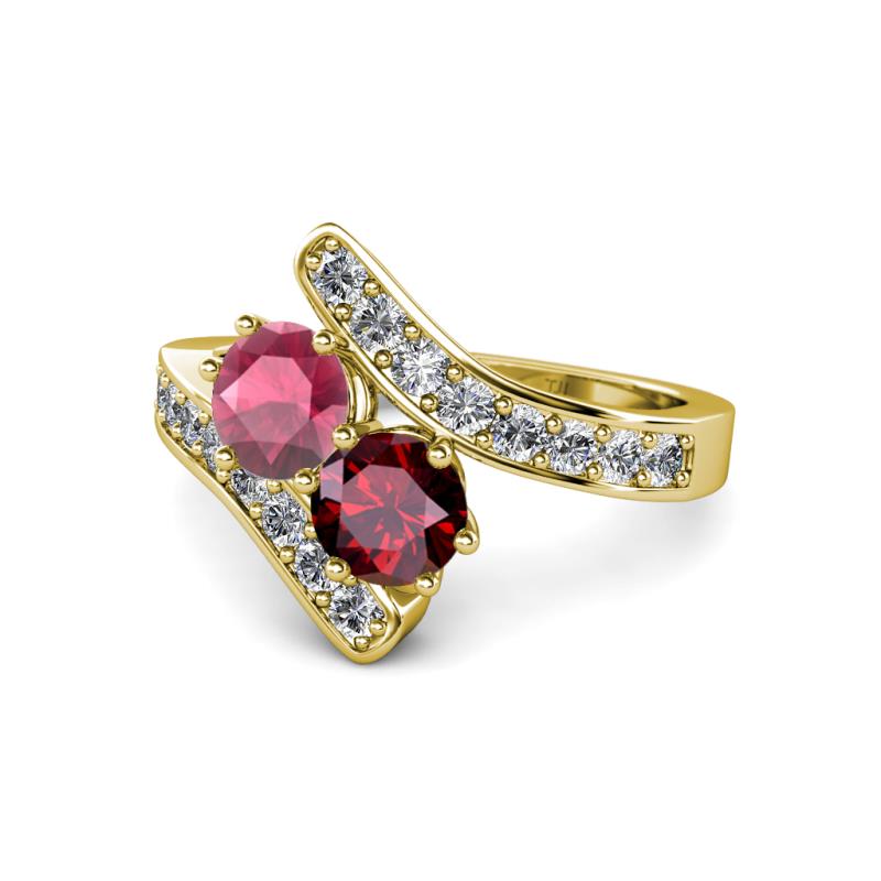 Eleni Rhodolite Garnet and Ruby with Side Diamonds Bypass Ring 