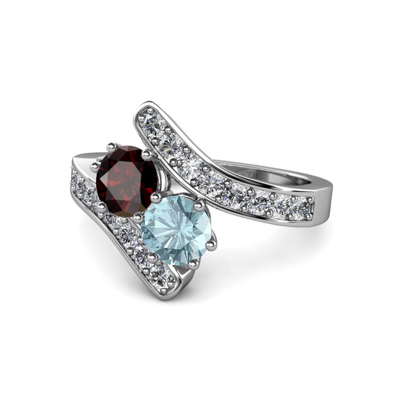 Eleni Red Garnet and Aquamarine with Side Diamonds Bypass Ring 