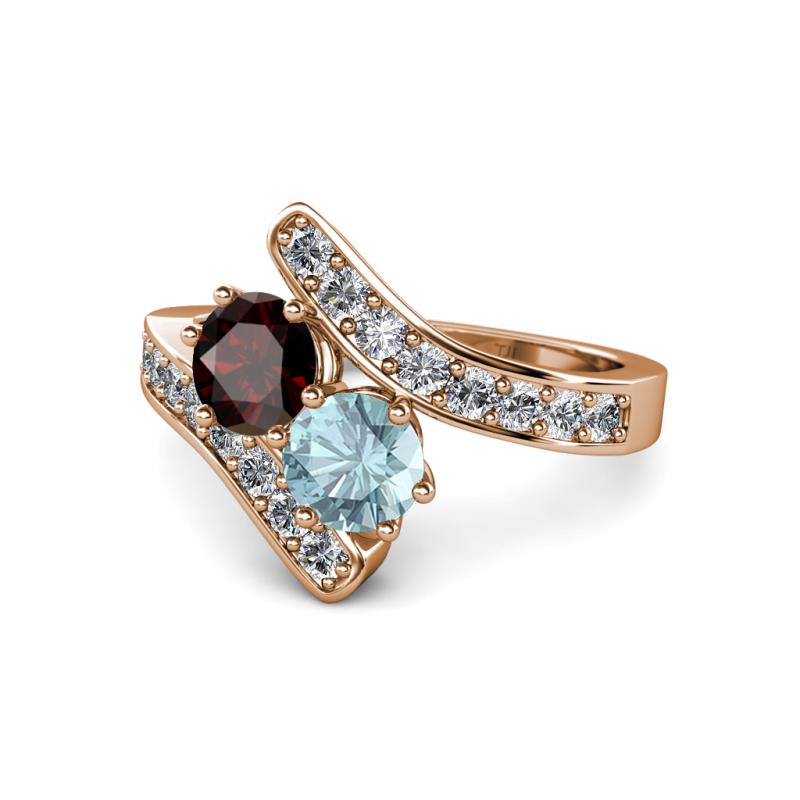 Eleni Red Garnet and Aquamarine with Side Diamonds Bypass Ring 