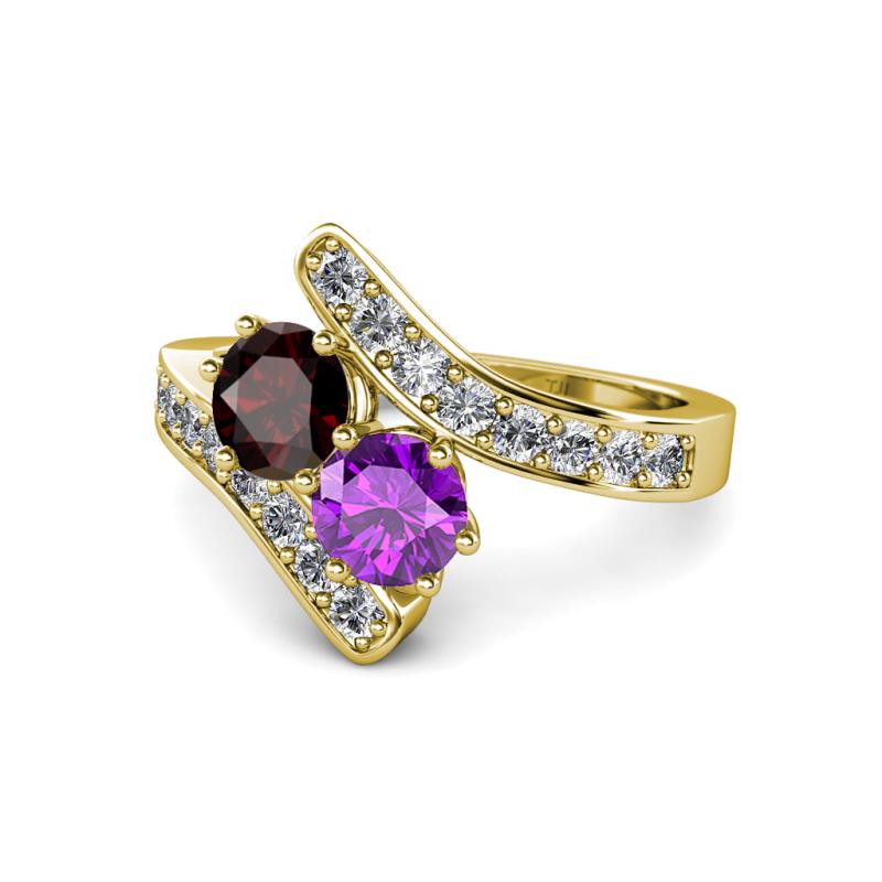 Eleni Red Garnet and Amethyst with Side Diamonds Bypass Ring 