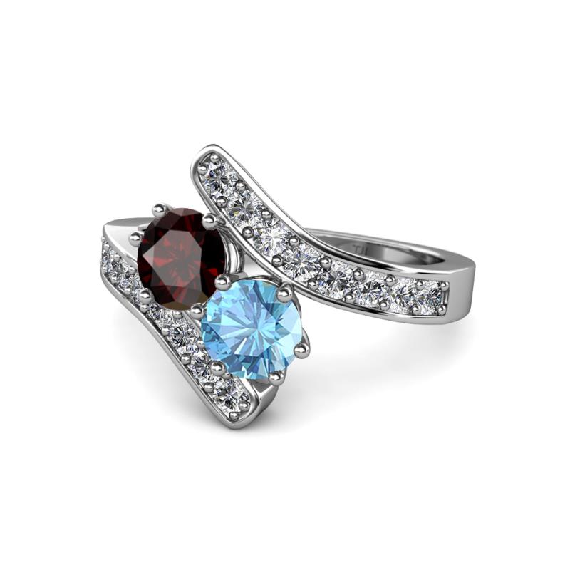 Eleni Red Garnet and Blue Topaz with Side Diamonds Bypass Ring 