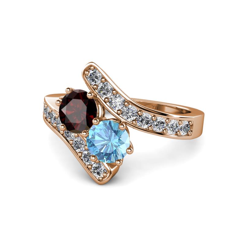 Eleni Red Garnet and Blue Topaz with Side Diamonds Bypass Ring 