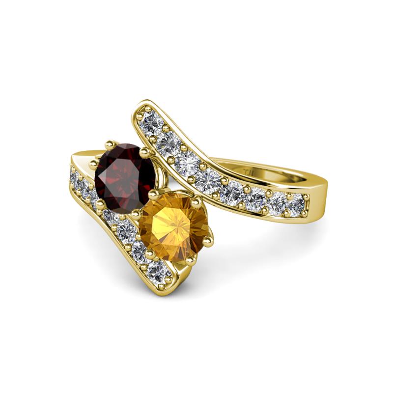 Eleni Red Garnet and Citrine with Side Diamonds Bypass Ring 