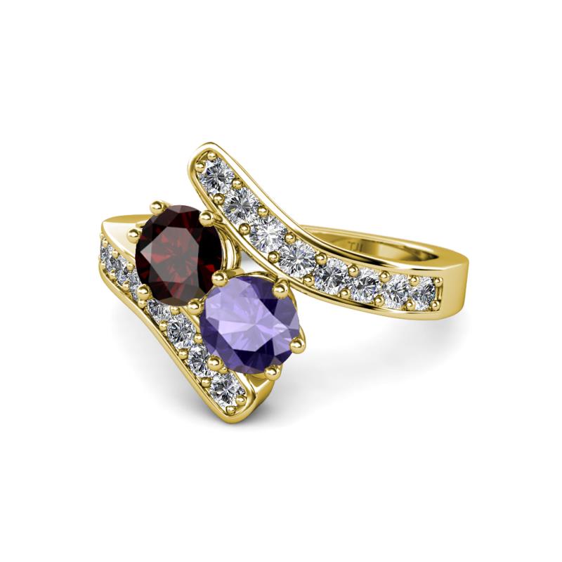 Eleni Red Garnet and Iolite with Side Diamonds Bypass Ring 
