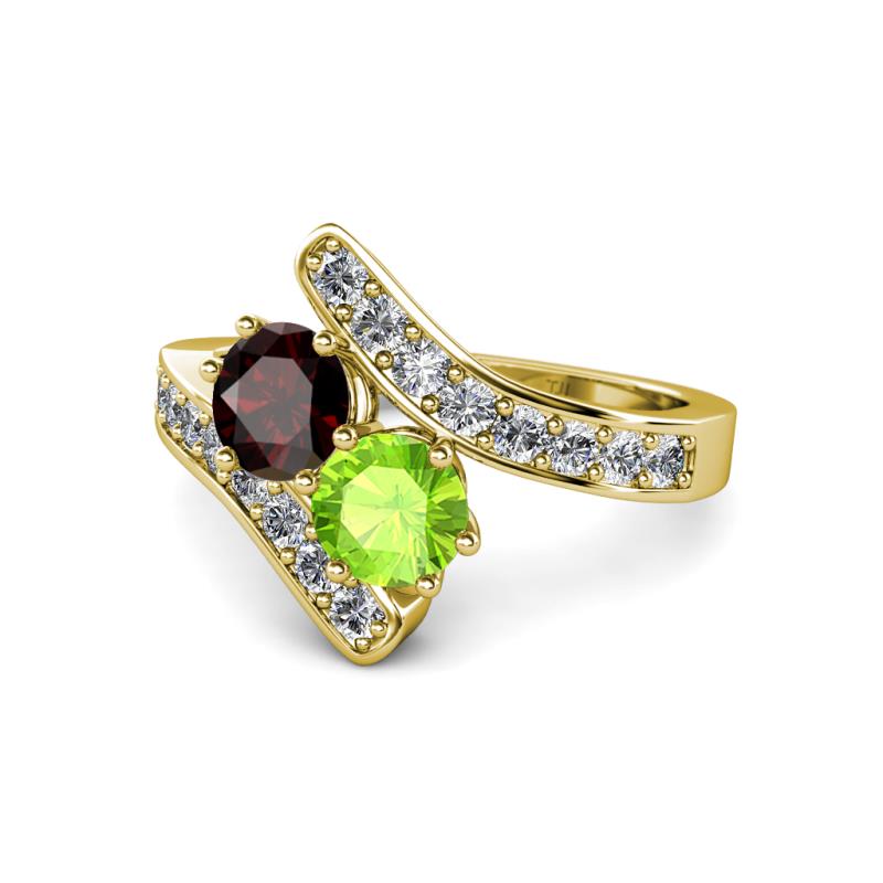 Eleni Red Garnet and Peridot with Side Diamonds Bypass Ring 