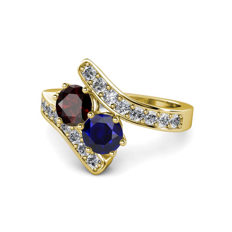 Eleni Red Garnet and Blue Sapphire with Side Diamonds Bypass Ring 