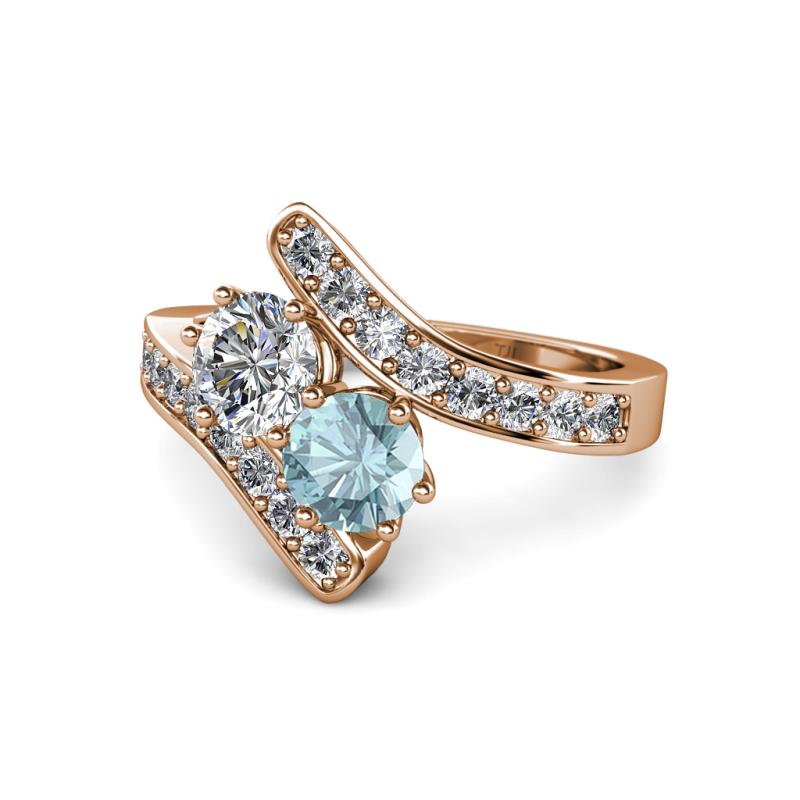 Eleni Diamond and Aquamarine with Side Diamonds Bypass Ring 