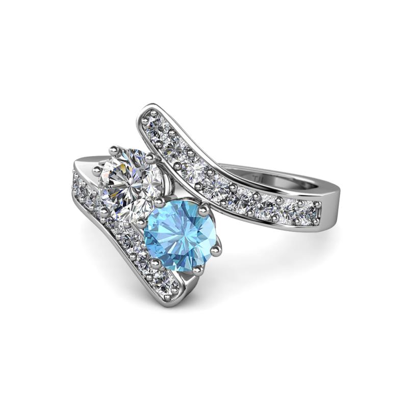 Eleni Diamond and Blue Topaz with Side Diamonds Bypass Ring 