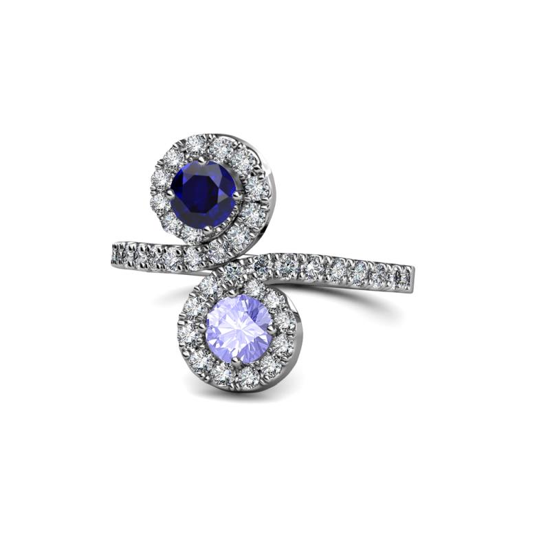 Raene Blue Sapphire and Tanzanite with Side Diamonds Bypass Ring 