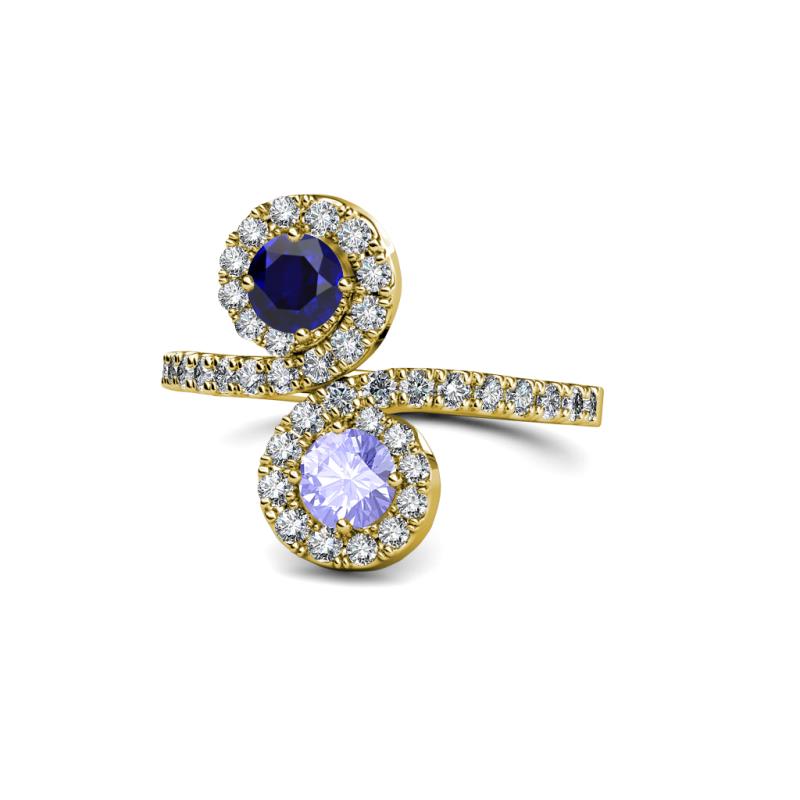 Raene Blue Sapphire and Tanzanite with Side Diamonds Bypass Ring 