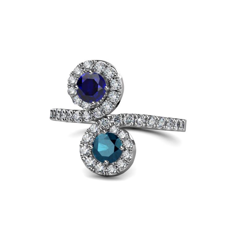 Raene Blue Sapphire and Blue Diamond with Side Diamonds Bypass Ring 