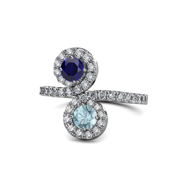 Kevia Blue Sapphire and Aquamarine with Side Diamonds Bypass Ring 