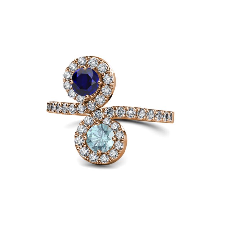 Kevia Blue Sapphire and Aquamarine with Side Diamonds Bypass Ring 