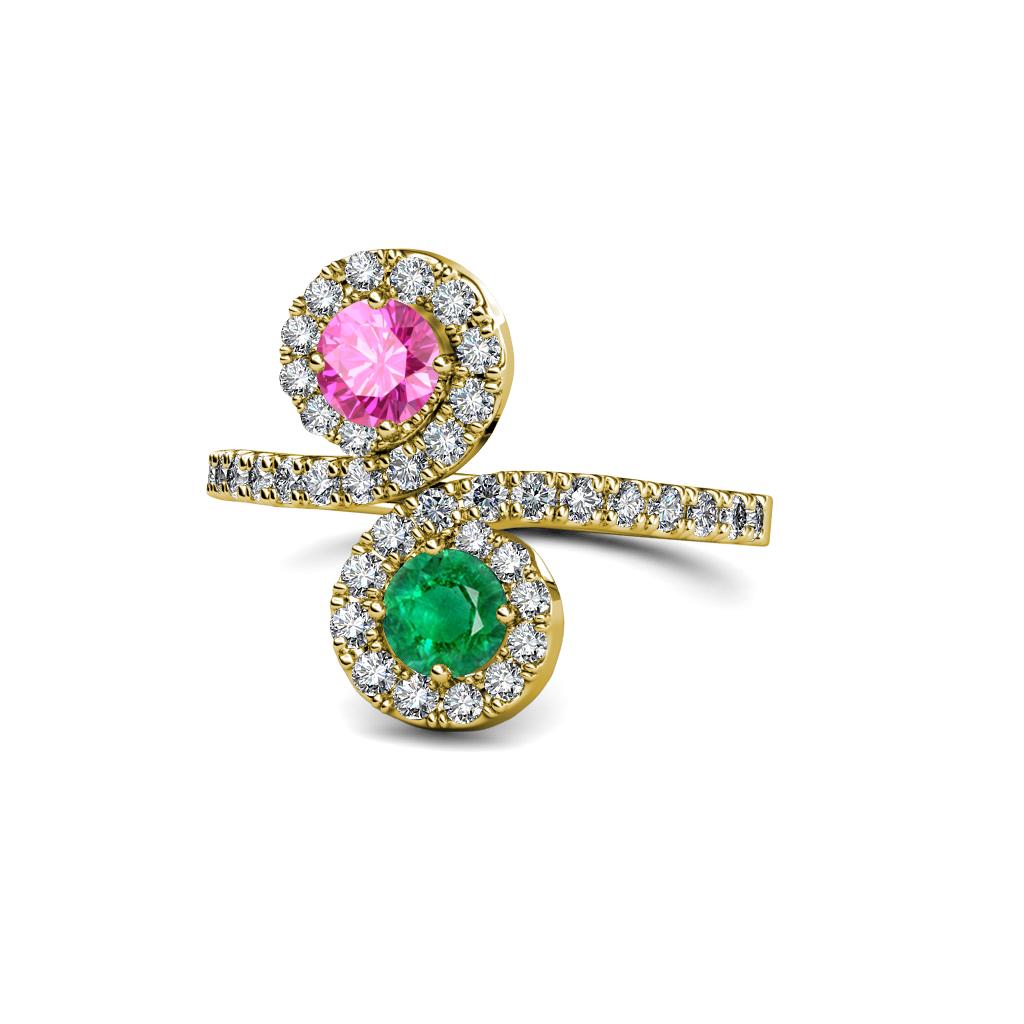 Raene Pink Sapphire and Emerald with Side Diamonds Bypass Ring 