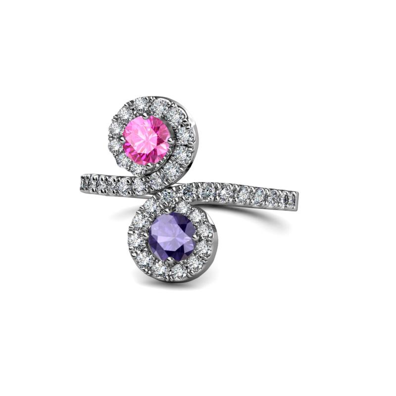 Raene Pink Sapphire and Iolite with Side Diamonds Bypass Ring 