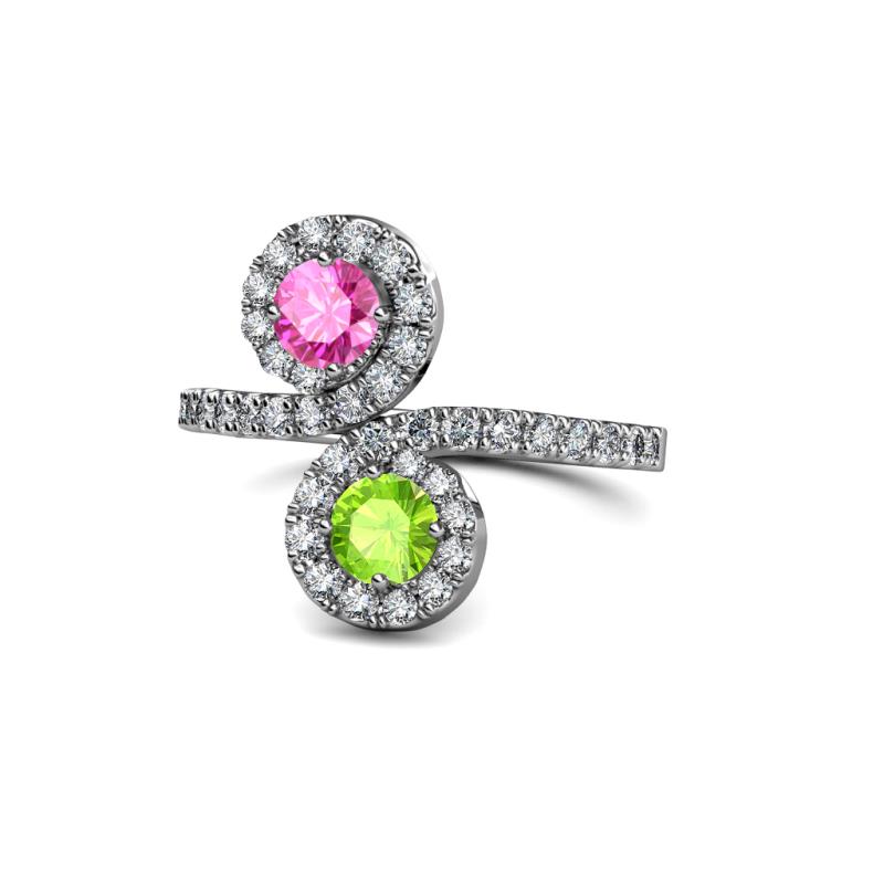 Raene Pink Sapphire and Peridot with Side Diamonds Bypass Ring 