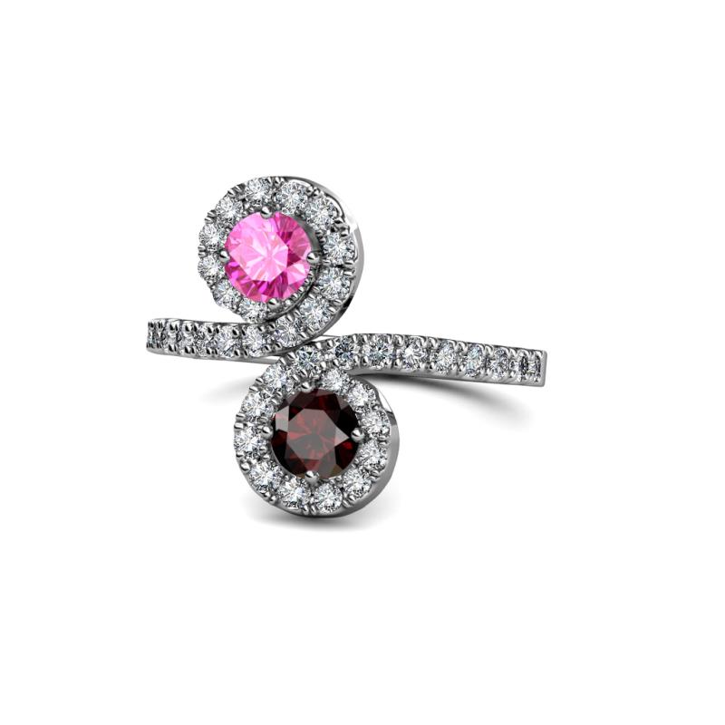 Raene Pink Sapphire and Red Garnet with Side Diamonds Bypass Ring 