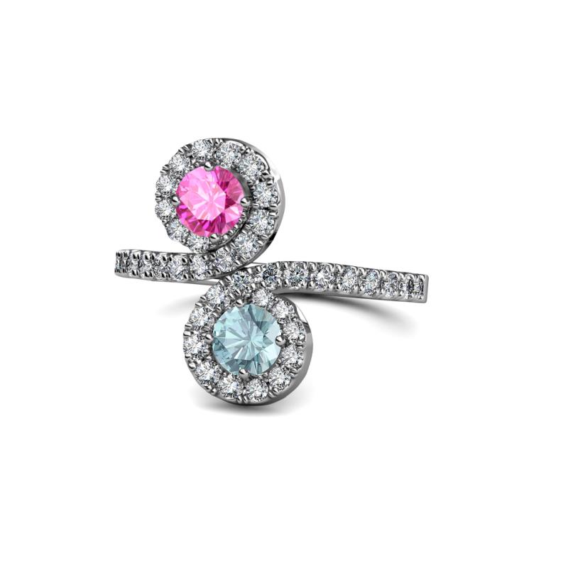 Kevia Pink Sapphire and Aquamarine with Side Diamonds Bypass Ring 