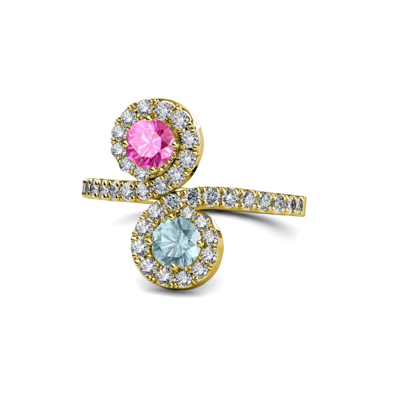 Raene Pink Sapphire and Aquamarine with Side Diamonds Bypass Ring 