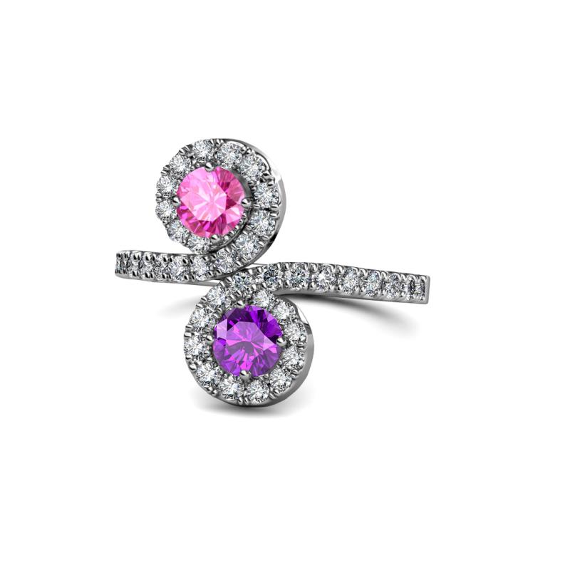 Raene Pink Sapphire and Amethyst with Side Diamonds Bypass Ring 