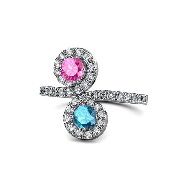Raene Pink Sapphire and London Blue Topaz with Side Diamonds Bypass Ring 