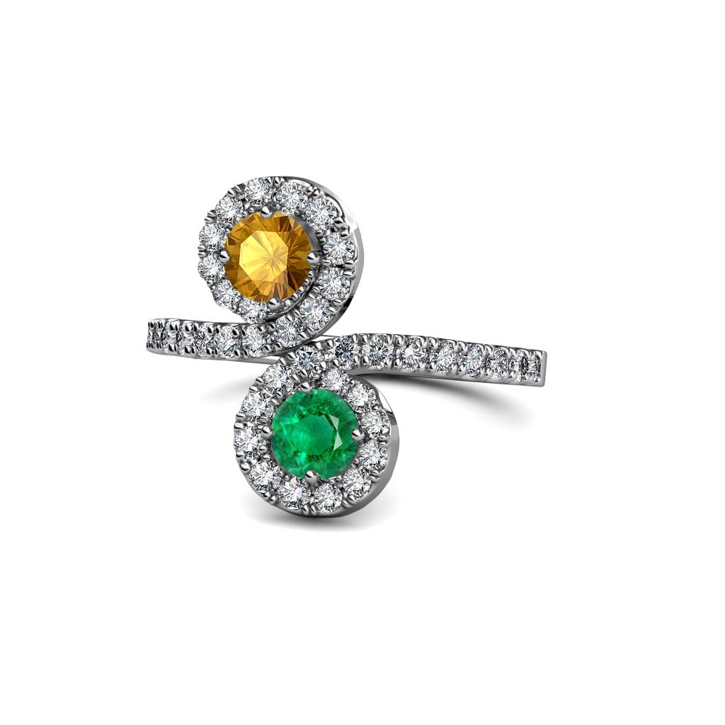 Kevia Citrine and Emerald with Side Diamonds Bypass Ring 
