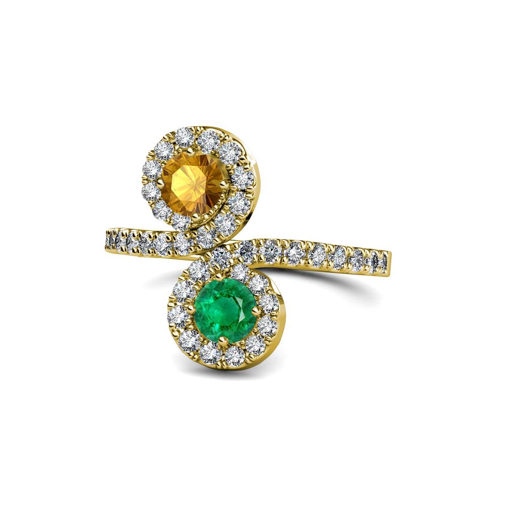 Kevia Citrine and Emerald with Side Diamonds Bypass Ring 