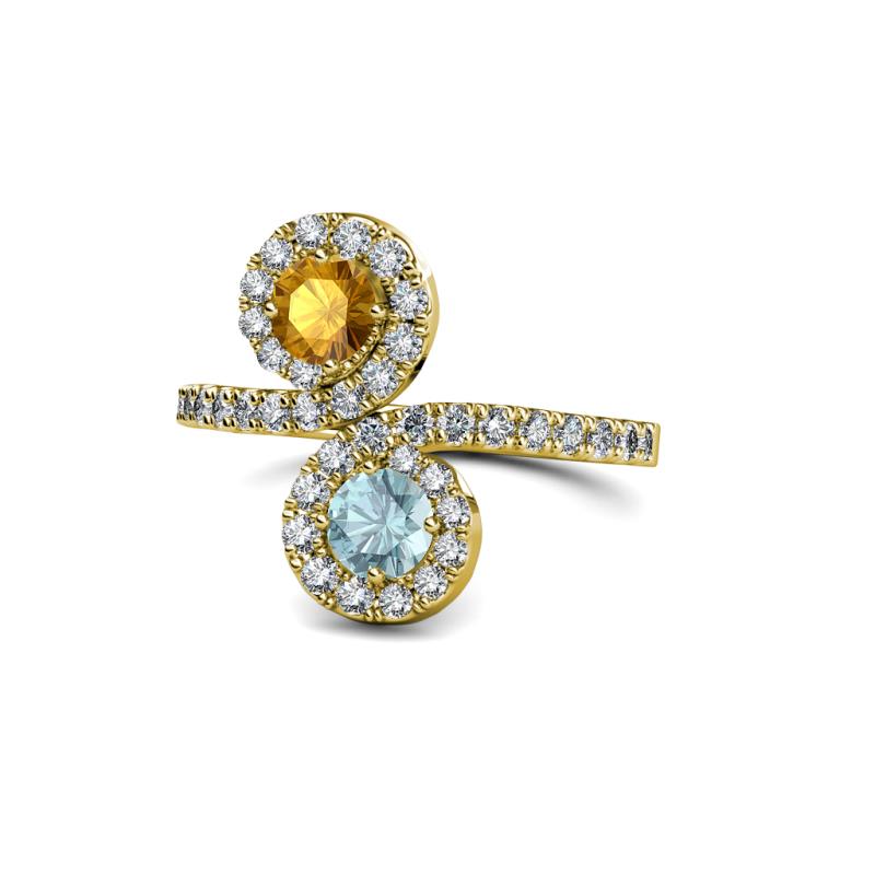Raene Citrine and Aquamarine with Side Diamonds Bypass Ring 