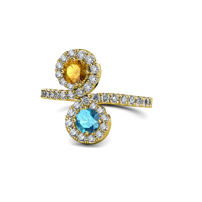 Raene Citrine and London Blue Topaz with Side Diamonds Bypass Ring 